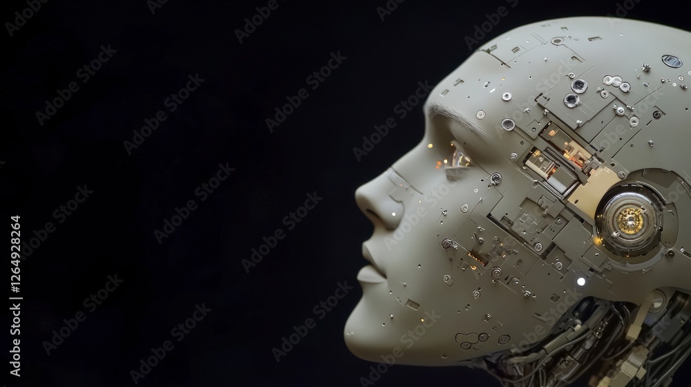 Poster futuristic ai robot head metallic android artificial intelligence technology concept