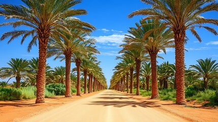 Fototapeta premium Palm Tree Lined Road Under a Bright Blue Sky, a Tropical Oasis