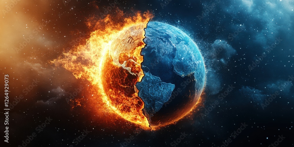 Poster warming projections shown as a split earth showing one side frozen showing the other in flames showi