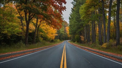 Fototapeta premium Autumn road surrounded by colorful trees leading to a distant horizon in a peaceful countryside setting