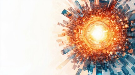 Obraz premium Abstract city skyline with vibrant light effects creating a dynamic circular pattern in modern urban environment