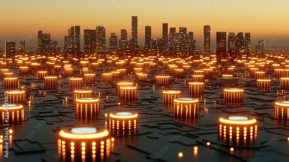 Aufkleber futuristic cityscape with glowing circuit elements and digital technology at dusk