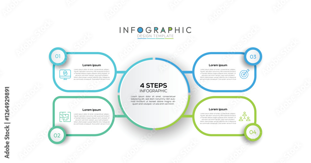 Poster 4 steps connected rounded square infographic thin lines connect each rounded square to the central c
