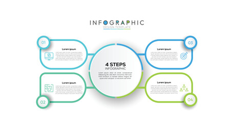 4 Steps Connected Rounded Square Infographic thin lines connect each rounded square to the central circle, visually linking the steps and emphasizing their relationship to the core element.