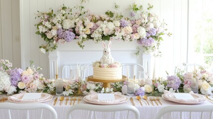 Easter dinner table with floral garlands, golden utensils, pastel linens, and a bunny cake in the center as the focal point