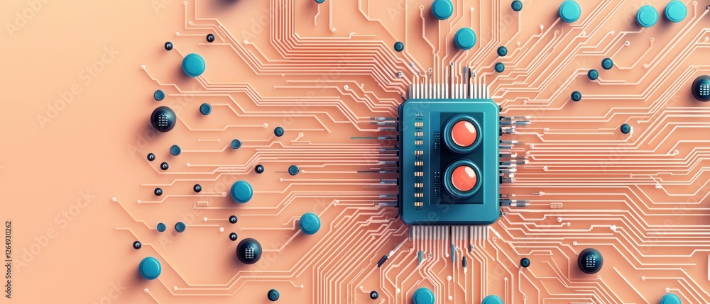 Aufkleber Abstract computer chip illustration with circuit board lines and colorful spheres on a soft peach background