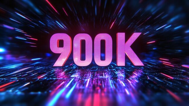 900K Followers Celebration. Glowing Neon 3D Number on Futuristic Digital Abstract Background