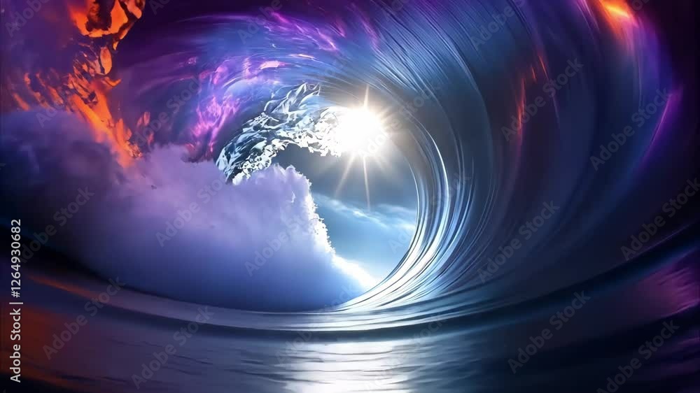 Poster a vivid, swirling ocean wave with vibrant colors and distinct fiery elements, creating a dynamic and