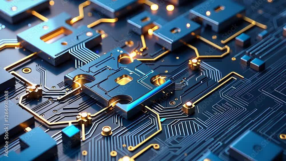 Poster futuristic circuit board with glowing gold connections and high-tech microchip components in a digit
