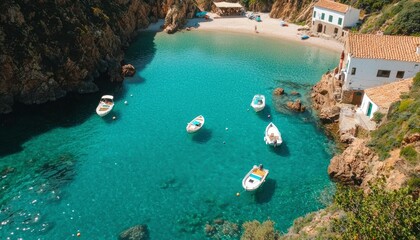 Fototapeta premium Boats resting in crystal clear water in a secluded cove with rocky cliffs