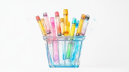 Obraz premium Set of assorted colorful disposable electronic cigarettes in heaps in supermarket grocery shopping basket isolated on white background. Copy space.