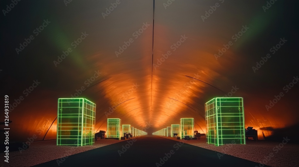 Poster futuristic tunnel neon lights abstract architecture sci fi illuminated corridor moder