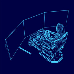 A woman is sitting in a chair with a computer monitor in front of her. The monitor is a large screen and the woman is holding a steering wheel. Concept of relaxation and leisure