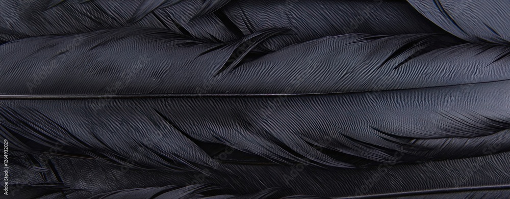 Poster close-up image of soft black feathers on a dark background for nature and texture themes