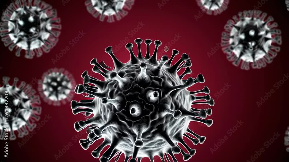 Poster microscopic rotating coronavirus cells revealing intricate viral structure against vibrant red backd