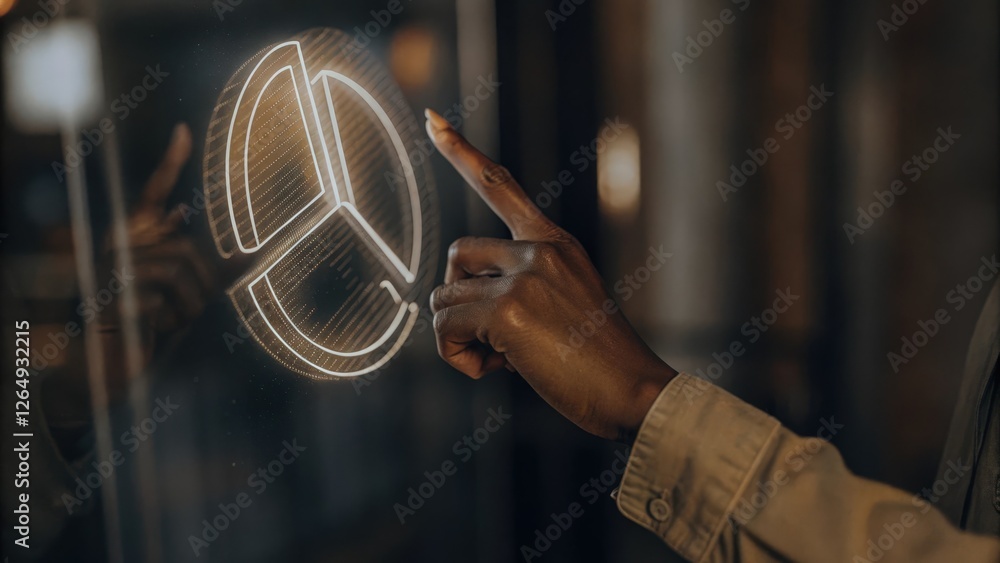 Poster a closeup shot of a hand reaching out to interact with a shimmering holographic graphic showcasing a