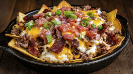 Delicious nachos topped with beef, cheese, bacon, and fresh vegetables