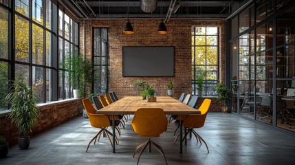 A charming conference room characterized by its vintage brick walls, stylish furnishings, and natural light, creating an inviting atmosphere for productive meetings.