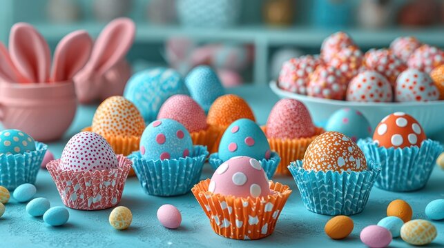 A vibrant Easter craft session featuring fabric egg covers and bunny ear props.