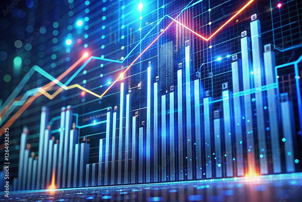 Poster growing technology business chart: 3d bar graph showing data increase and innovation