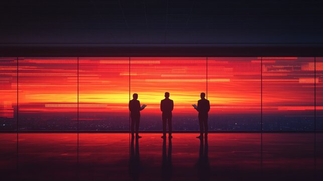 Business professionals silhouette against vibrant sunset view from modern office with city skyline in background