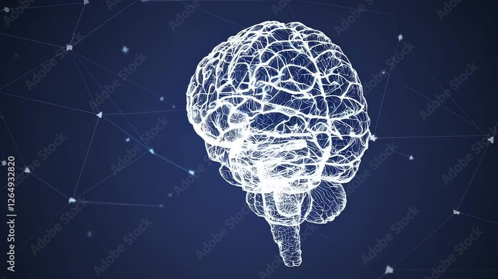 Poster neural connectivity visualized through glowing white wireframe brain rotating against deep blue back