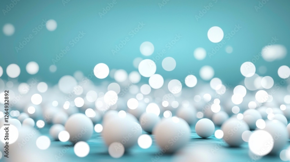 Poster Abstract Soft Focus Background with Light Bubbles and White Spheres on a Teal Surface for Creative Designs