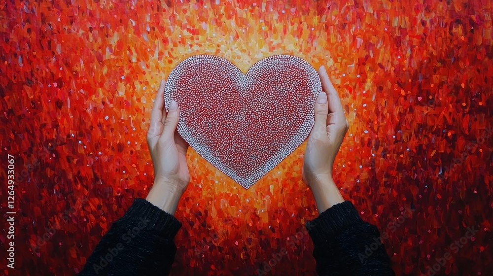 Poster hands holding sparkling heart against vibrant red background with glittering texture