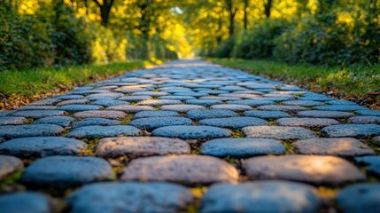 Naklejka premium Cobblestone path autumn park sunlight travel