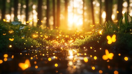 Mystical Forest Scene with Glowing Butterflies at Sunset in Dreamy Atmosphere
