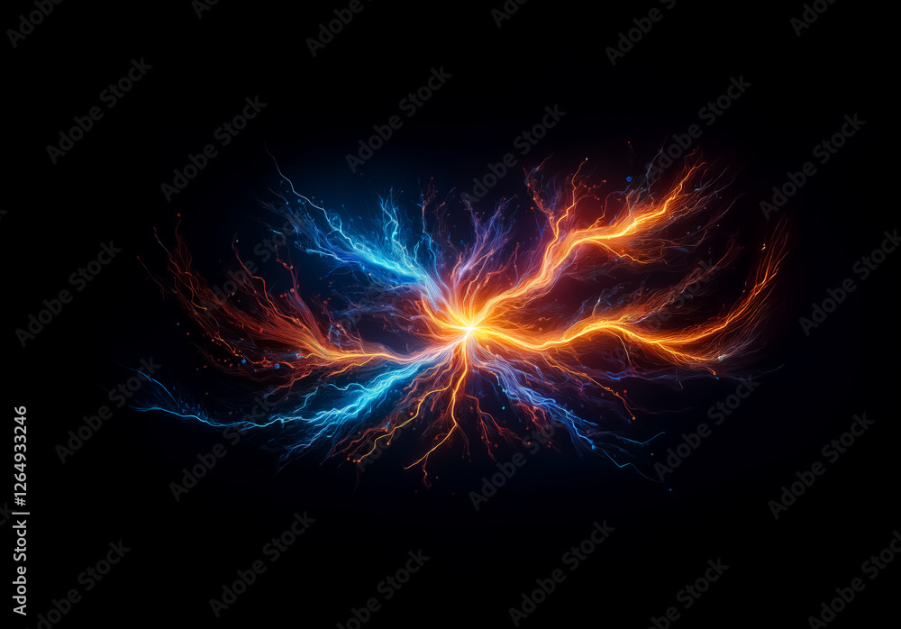 Aufkleber striking display of energy with electric discharges branching out. blue and orange arcs illuminate t