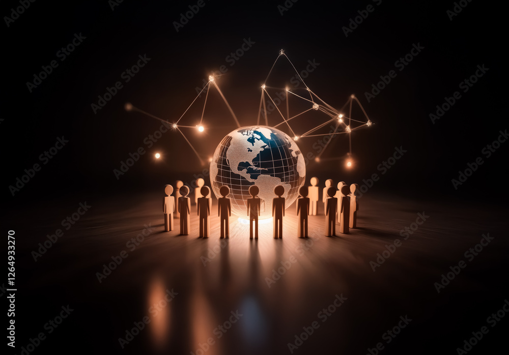 Aufkleber A group of figures stands in a circle around a glowing globe.  Network lines radiate outwards, suggesting global connections and collaborative efforts in a dark environment.