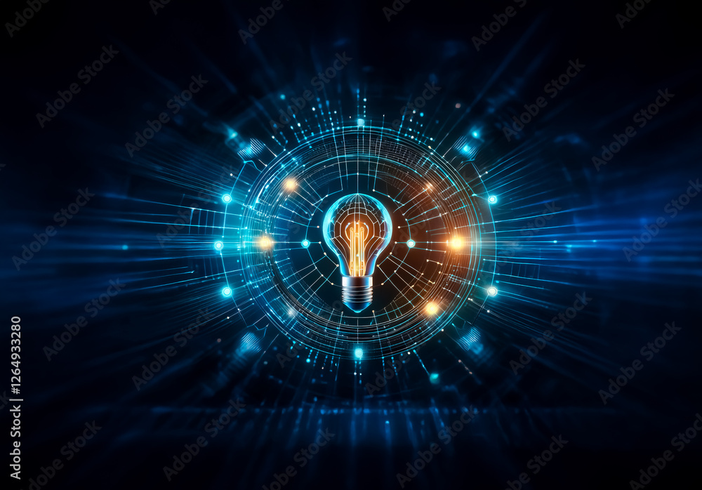 Poster a glowing light bulb is centered in a futuristic digital network with radiating blue lines and dots,