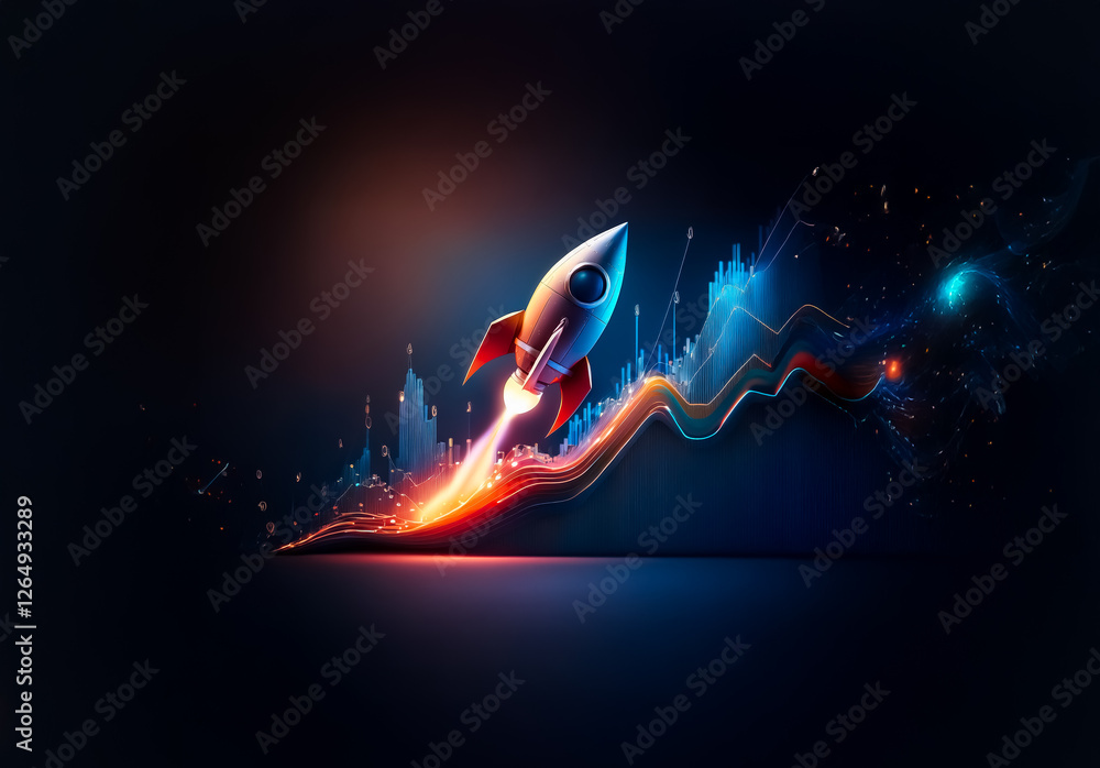 Poster vibrant rocket ascends with glowing trails against a dark backdrop, symbolizing rapid progress and t