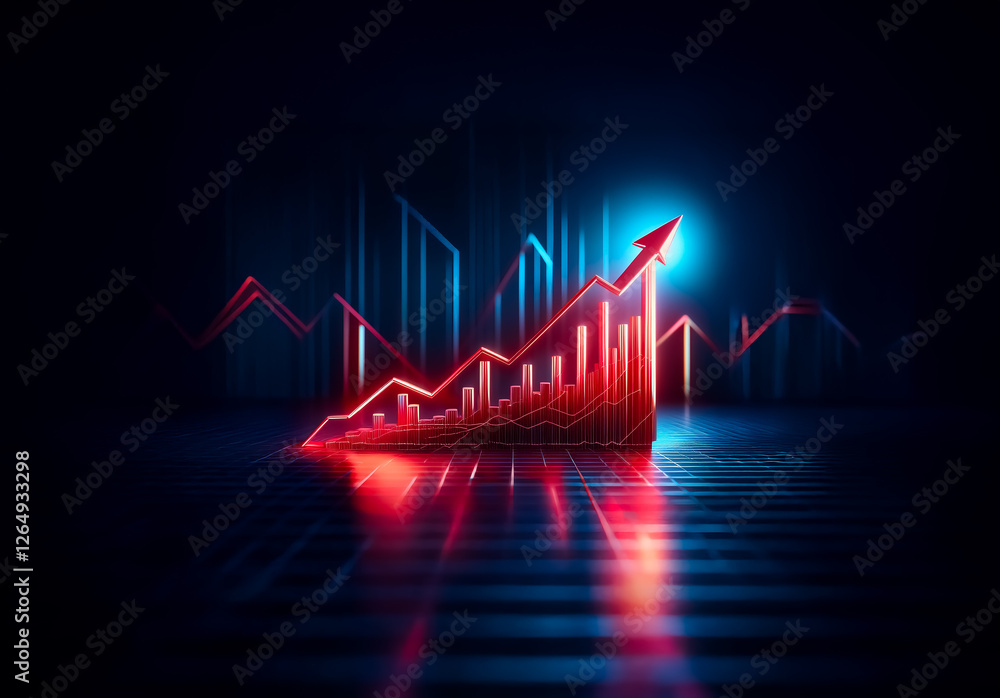 Aufkleber red upward arrow glows brightly against a dark backdrop. stylized digital graph with red and blue li