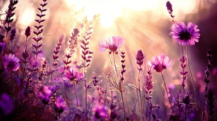 Obraz premium A serene field of purple flowers illuminated by soft sunlight, creating a dreamy, ethereal atmosphere.