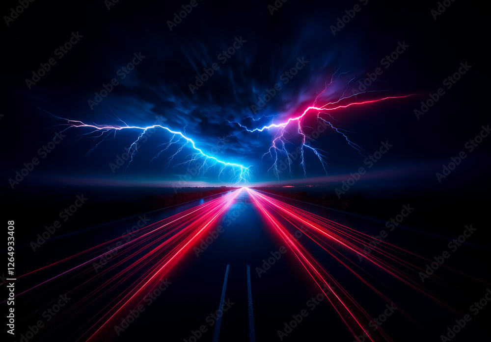 Poster dramatic image features vibrant blue and red lightning bolts against a dark sky. red light streaks c