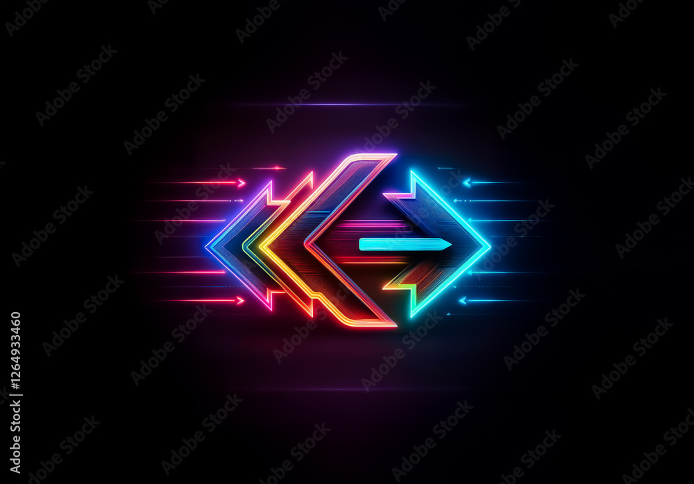Fototapete neon arrows icon with vibrant glowing edges, pointing in opposite directions against a stark dark ba
