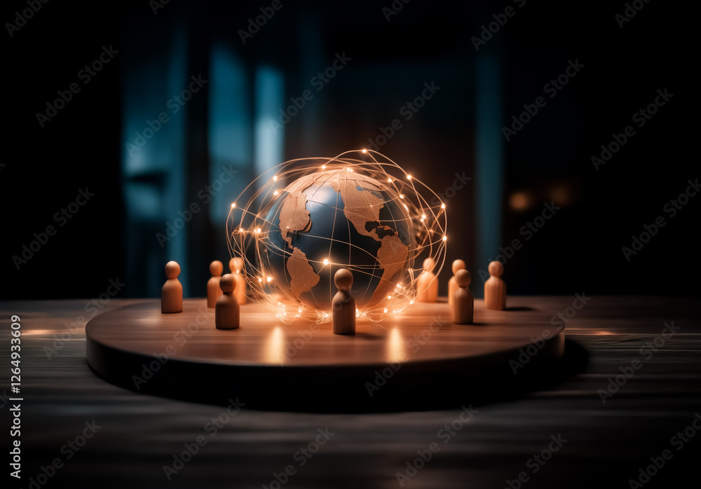 Fototapete Illuminated globe encircled by glowing network and wooden figures. Representing global connections and communication in a dramatic, dark setting.