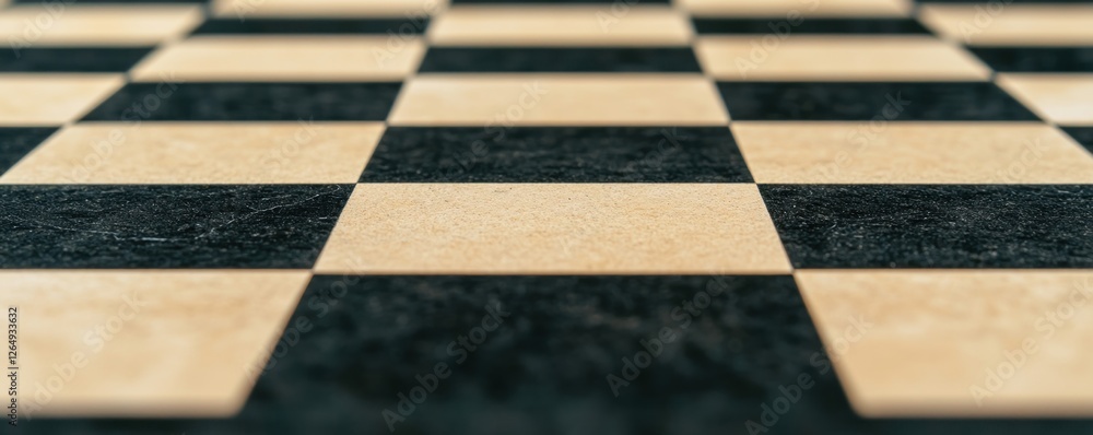 Poster Close-Up View of a Checkerboard Pattern Featuring Alternating Black and Beige Tiles on a Solid Surface