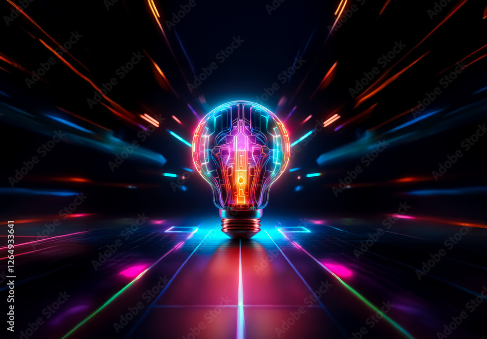 Leinwandbilder abstract digital art of a glowing light bulb formed by vibrant lines and shapes, creating a futurist