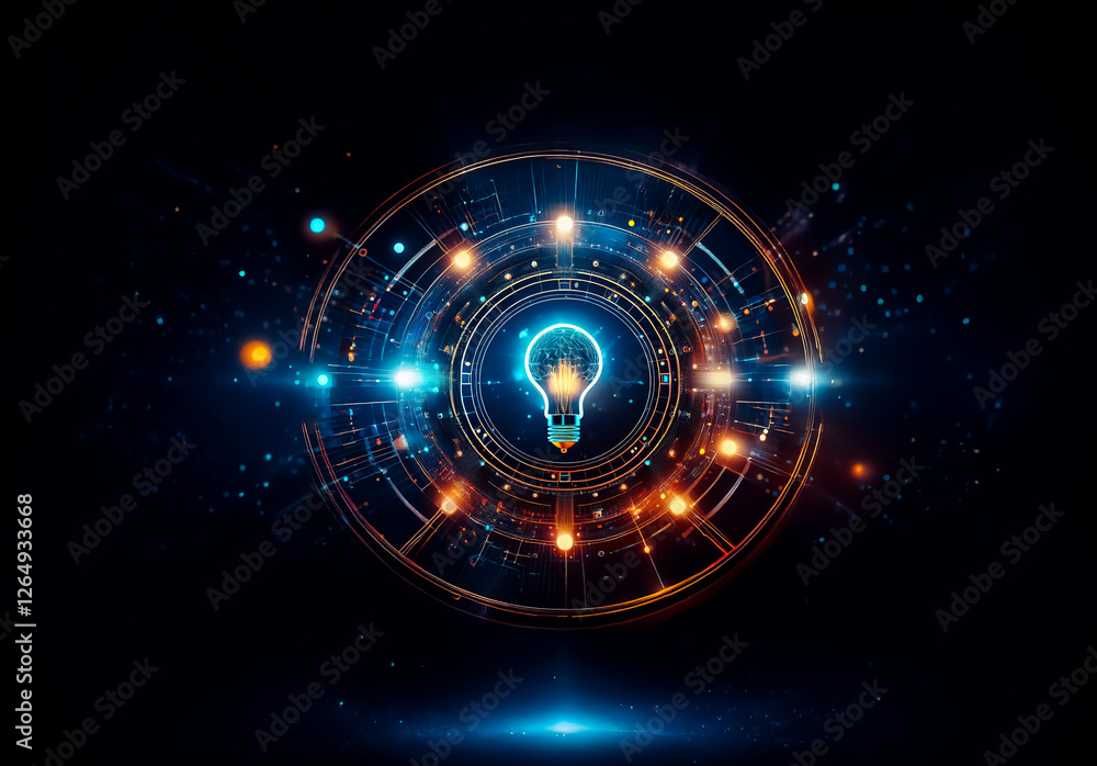 Poster Glowing lightbulb surrounded by circular tech design with vibrant blue and orange glowing elements on a dark background, representing innovation and technology.