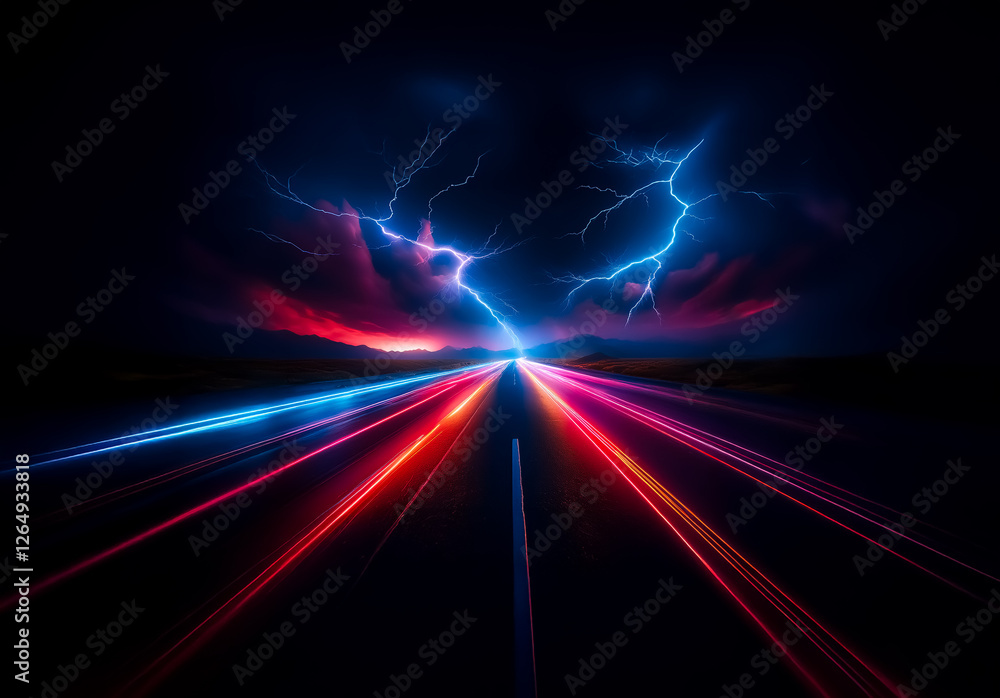 Poster streaks of vibrant red and blue light converge towards a point under a dramatic sky with lightning. 
