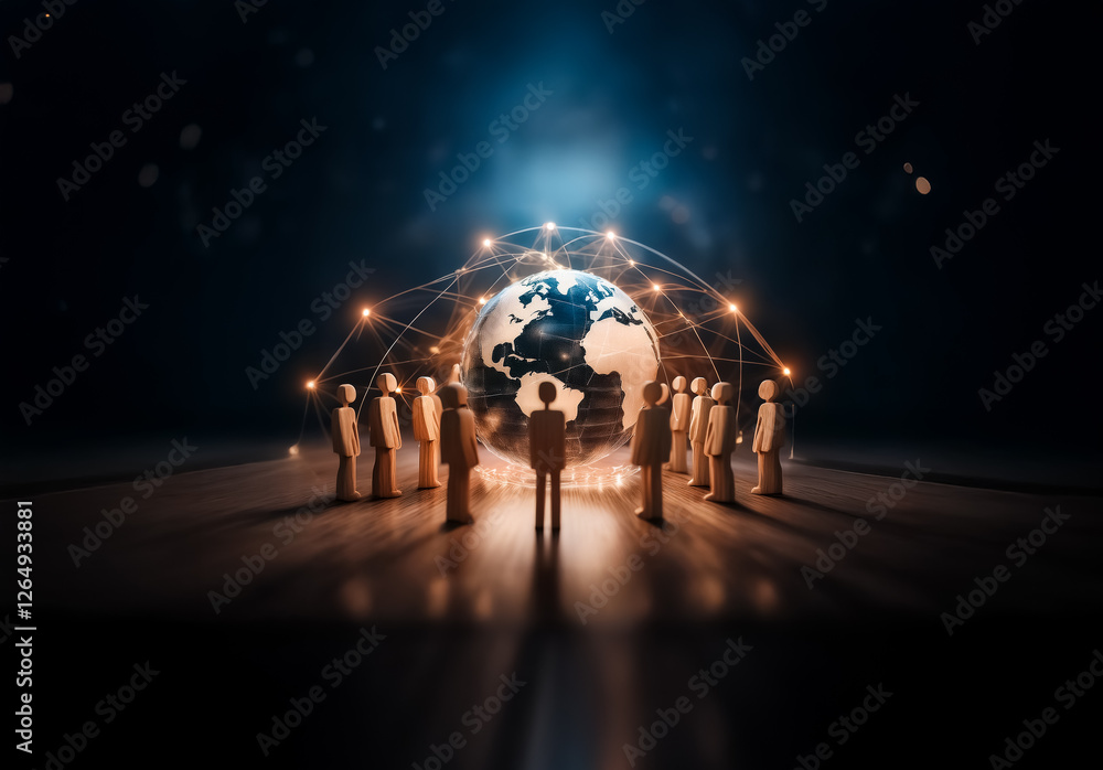 Fototapete silhouettes of people encircling a glowing globe with interconnected nodes in a dark space, symboliz