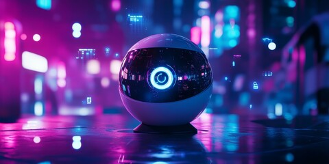 Futuristic surveillance dome camera monitoring cyberpunk cityscape with digital data overlay