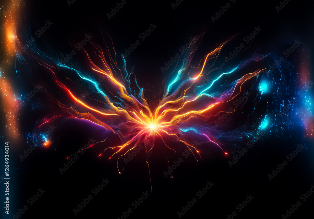 Poster Vibrant energy streams radiate from a bright center, creating a dynamic display of colorful light against a stark black backdrop, resembling an abstract explosion.