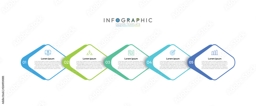 Aufkleber 5 steps timeline infographic, five steps are arranged horizontally from left to right, clearly indic