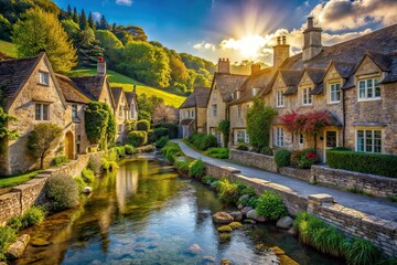 Fototapeta premium English Valley Village - Stone Houses by River - AI Photo