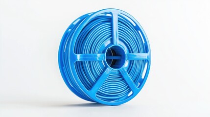 Blue filament spool on white background; 3D printing material