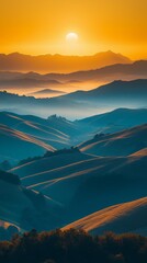 A breathtaking sunset over rolling hills, with a gradient of warm colors illuminating the landscape, creating a serene and tranquil atmosphere.